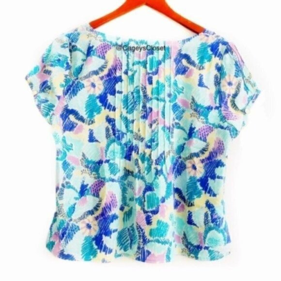I Love H81 Crop Top M Boxy Retro Pastel Blue Print Pleated Button Down Oversized - Picture 4 of 7
